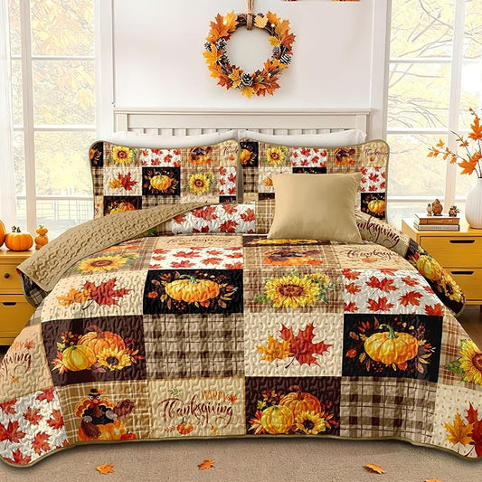 Fall Patchwork Quilt Set King, 3 Pieces Thanksgiving Bedding Set Brown | Sunflower Maple Leaves Pumpkin Pattern Bedspread, Soft Lightweight Microfiber Autumn Coverlet with 2 Pillow Shams (110"x90")