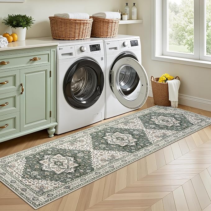 Hallway Runner Rug: 2.6x8 Kitchen Rugs for Living Room Green Ivory | Runner Rug Hallway Washable Rug No Slip Soft Bedroom Rug Indoor Floor Stain Resistant Carpets for Entryway, Laundry, Bathroom