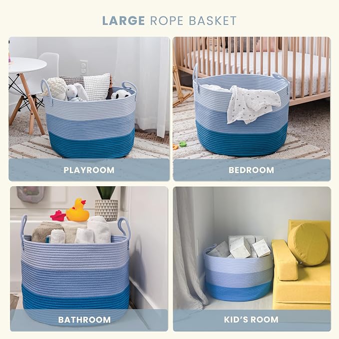 OrganiHaus Round Toy Basket & Blanket Basket, Cotton Rope 20x13" | 3-Toned Blue - Round Cotton Rope Basket, 20x13"