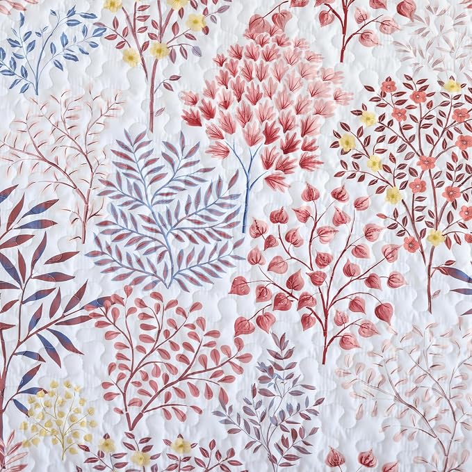 WONGS BEDDING Queen Quilt Set, 3 Pcs Red Blue Floral Bedspread Coverlet | Soft Lightweight Farmhouse Quilt Bedding Set for Bed, Microfiber Floral Quilted Bed Cover for Guest Room 96"×90"