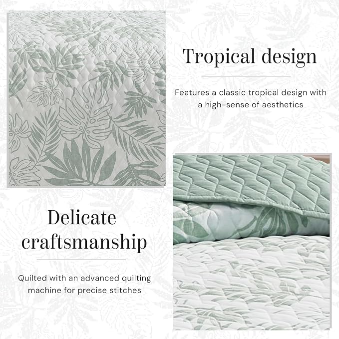 BLOOMHAVEN King Quilt Set-3 Pieces Soft Bedding Floral Reversible Coverlet | All Seasons Lightweight Quilts Queen Size for Bed, Breathable Vintage Bedspread with Shams, Green Leaf