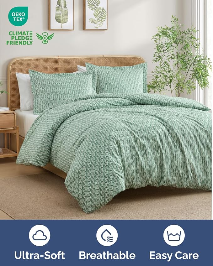 Duvet Cover Cal King Size - Printed Duvet Cover - 3 Piece - Sage Palms | Soft Printed Duvet Cover 104 x 98 with 2 Pillow Shams, Zipper Closures & Ties, Printed Bedding for Women, Men, Kids & Teens