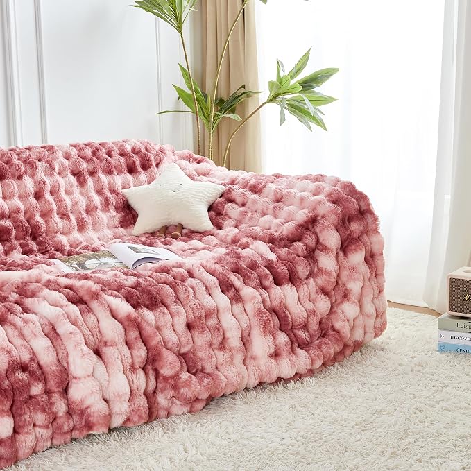 60x80 Inches Ultra-Soft Fuzzy Faux Fur Plush Twin Size Blanket - Thick, Warm Sherpa for Couch, Sofa, Bedroom, Camping - Decorative Blanket for Cozy Warmth, Bubble Dusty Rose Tie Dye