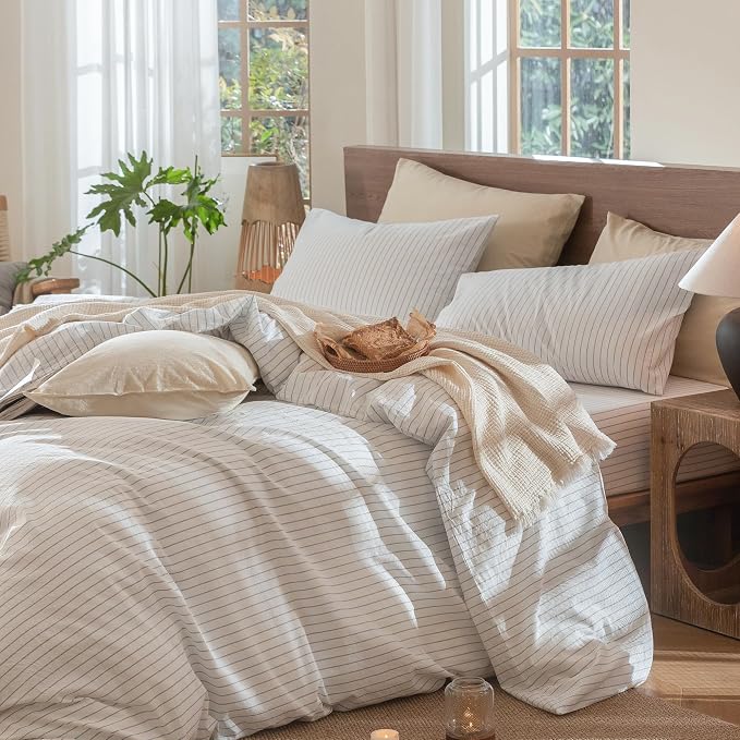 MooMee Striped Duvet Cover Set 100% Washed Cotton Linen Like Twin | Relaxed Linen-like Texture. Soft, Breathable & Long-lasting Comfort. Lightweight. Hidden Zipper with 8 Interior Corner Ties