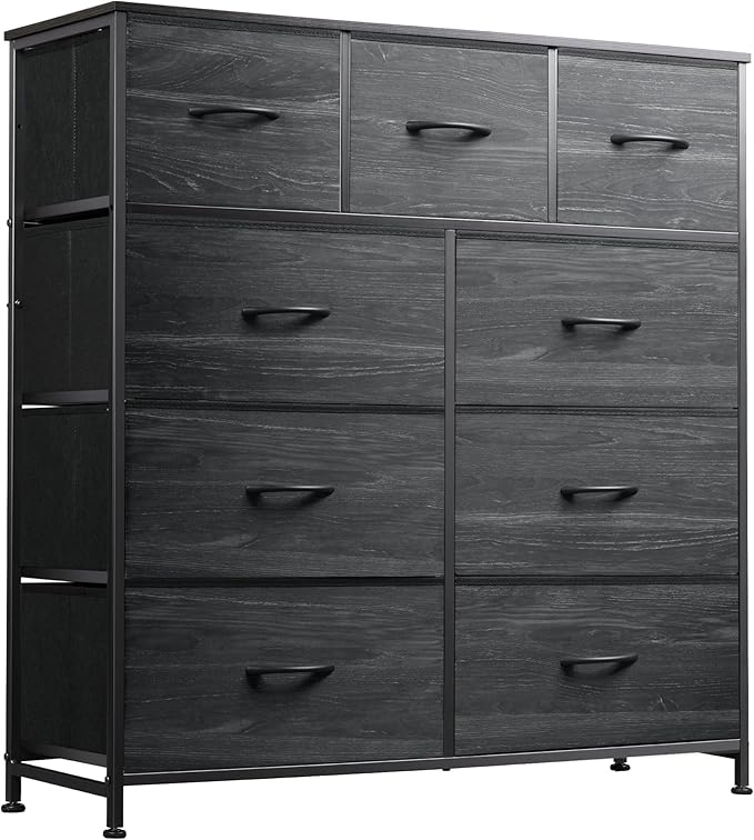 WLIVE Tall Dresser for Bedroom, 9 Drawer Chest of Drawers, Black Wood Grain | 9 roomy fabric drawers, Tall storage design, Bedroom or closet use, Sturdy steel frame, Smooth wood tabletop