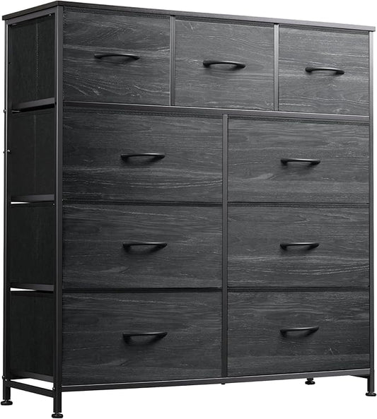 WLIVE Tall Dresser for Bedroom, 9 Drawer Chest of Drawers, Black Wood Grain | 9 roomy fabric drawers, Tall storage design, Bedroom or closet use, Sturdy steel frame, Smooth wood tabletop