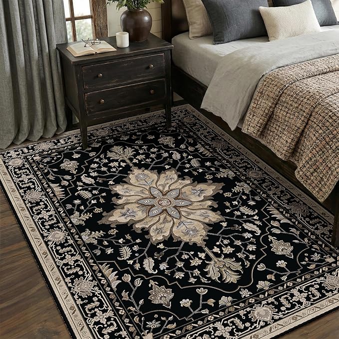 RELEANY Washable Area Rug, 5'x7', Black/Neutral | Non-Slip, Water Repellent, Pet Friendly, Easy to Clean, Vintage Floral Boho Decor for Living Room Bedroom Dining Room Office