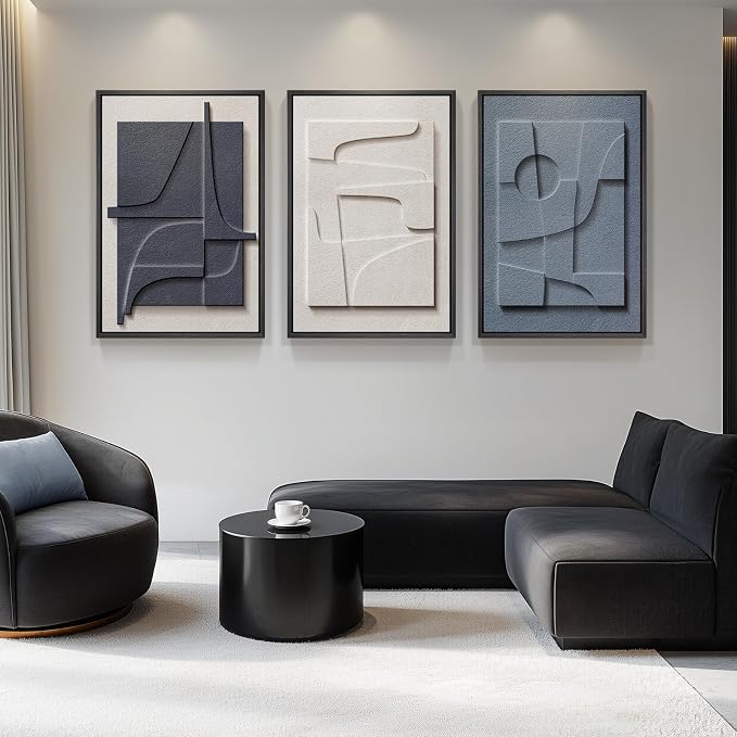 Large Framed Blue Abstract Wall Art for Living Room, Modern 3D Artwork | Solid wood frame, Navy blue and white pictures, Set of 3 piece big 24x36 in, Textured paintings wall decor bedroom office