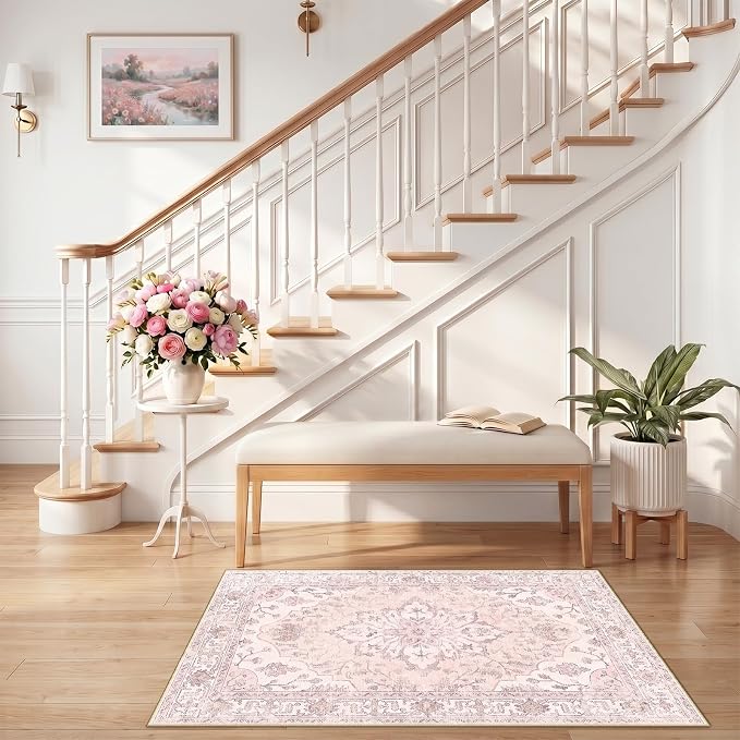 RELEANY Washable Area Rug, Small 2'6"x4', Pink | Non-Slip, Water Repellent, Pet Friendly, Easy to Clean, Vintage Floral Boho Decor for Kitchen Entryway Bathroom