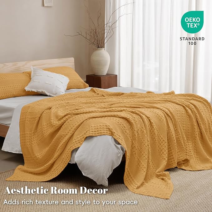 PHF Lightweight 100% Cotton Waffle Blanket for Bed, King, Pumpkin Orange | Pre-Washed Soft Cotton Comfort, Breathable Layering Warmth for Fall & Winter, Bed, Sofa, Couch, Home Decor & Gifts