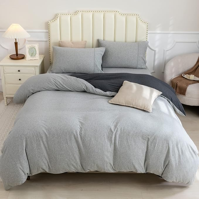 PURE ERA Jersey Knit Sheet Set Heather Charcoal Grey/Grey King | 100% Cotton, 3 Piece Set, T Shirt Soft, Breathable, Envelope Closure Pillowcases, Hidden Zipper, 8 Ties, No Insert, Modern