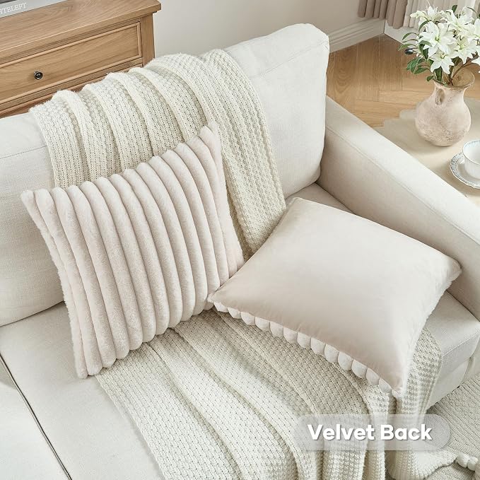FUTEI Pack of 2 Faux Fur Throw Pillow Covers 16x16 Inch, Light Beige | Fluffy Faux Rabbit Fur Front/Premium Velvet Back,Hidden Zipper,Machine Washable,Non-Shedding,Colorfast,Insert Not Included.