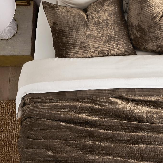 EverGrace Striped Channel Velvet Quilt Set, Queen Size, Mushroom Brown | Luxurious Soft Lightweight Velvet Comforter, Oversized Bedspread Coverlet, Quilted Bedding Set for All Season, with 2 Shams