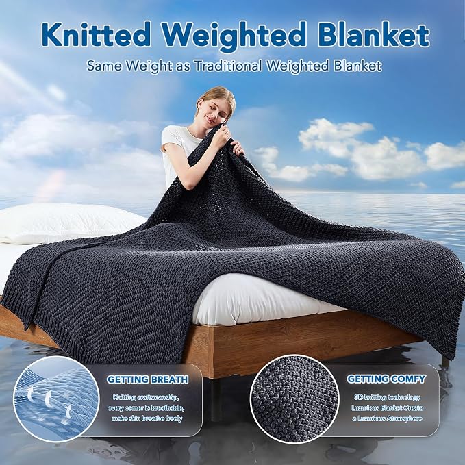 Knitted Weighted Blanket - 50"x60" 5lbs Cooling Chunky Knit Heavy Blanket for Adults Cable Yarn Knit Decorative No Beads Soft, Cozy and Cooling Weighted Throw Blankets Machine Washable