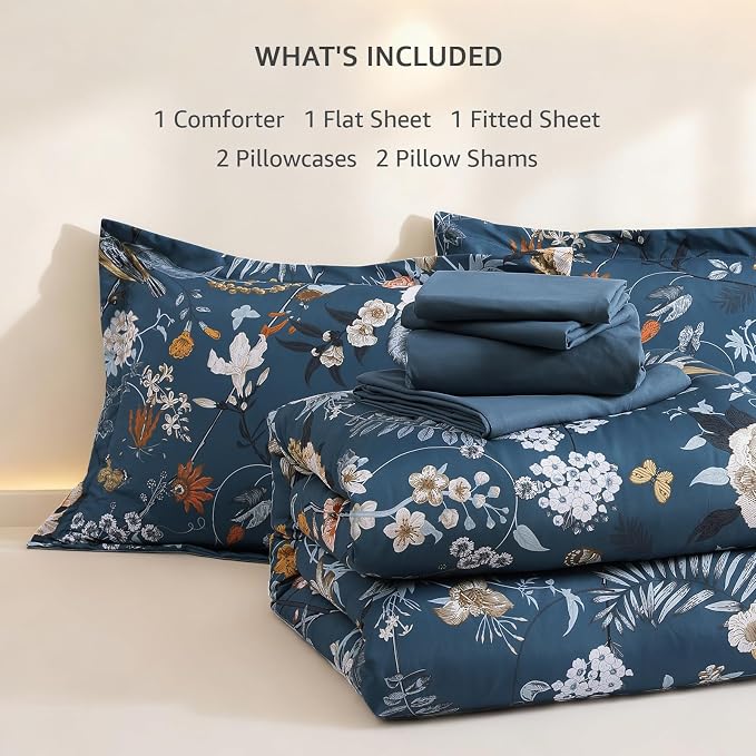 King Size Comforter Set- 7 Pieces Blue Floral Bed in a Bag King Bedding Set | All Season Botanical Texture Flowers Comforter Set with Sheets, Pillowcases & Shams