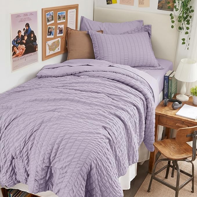 HYMOKEGE Lavender Twin Comforter Set Seersucker 5 Pieces, All Season Luxury Bed in a Bag for Bedroom, Bedding Set with Comforters, Sheets, Pillowcase & Shams
