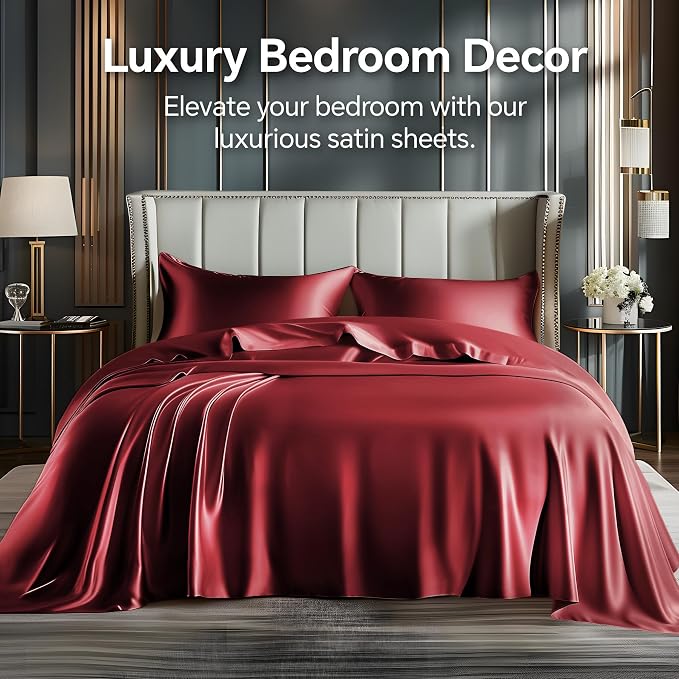 BEDELITE Satin Sheets King Size Bed Set, Burgundy, 4 Pieces | Luxury Silky Bed Sheets, 15 Inch Deep Pocket, Similar to Silk, Soft and Cooling, Reduces Friction, Gentle on Hair and Skin