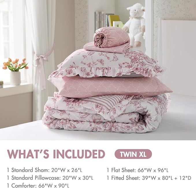 Madison Park Essentials Pink Floral Comforter Set with Sheets Twin XL,5pc | Reversible, Elegant College Dorm Bedding, Ruffle Bed in a Bag, All Season, Machine Washable, Wrinkle Resistant, Ultra Soft