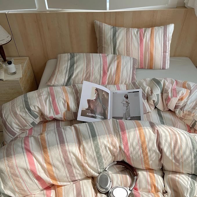 Queen Comforter Set Multicolor Striped Comforter Set, 3 Piece Colorful Stripes Pattern Printed Comforter with 2 Pillowcases, Lightweight Soft Reversible Striped Bedding Set Queen for All Season
