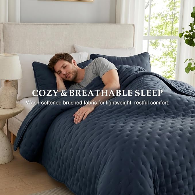 WDCOZY Navy Blue Cloud Twin Size Quilt Set, Tan Lightweight Farmhouse Bedspread, Rustic Country Coverlet, Taupe Camel Soft Bedding, Thin Comforter for All Season - 2 Pieces, 68x90 inches