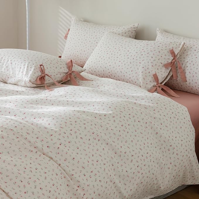 mixinni White Flower Pattern Duvet Cover King Pink Floral Stripes Duvet Cover Set 100% Cotton Bedding Set with Zipper Ties Bow Tie Pillowcases, Easy Care, Ultra Soft and Breathable-King Size