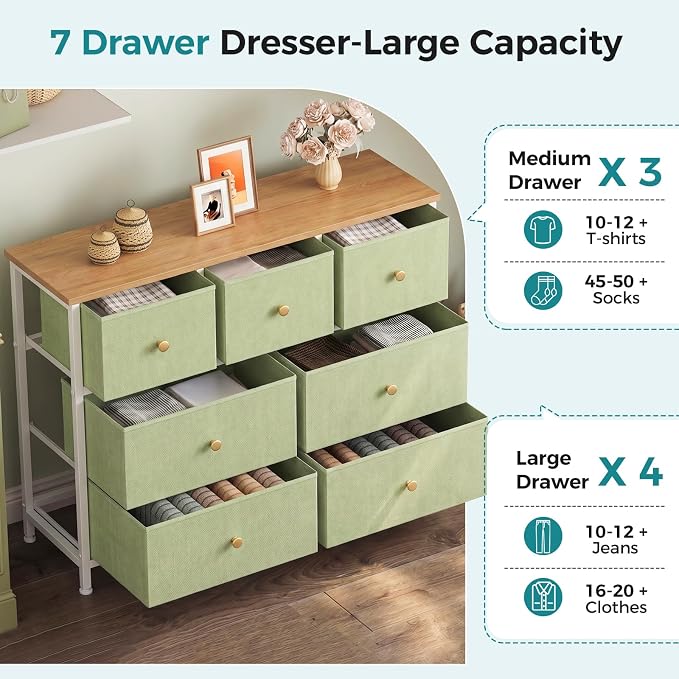 OLIXIS 7 Drawer Fabric Dresser, Storage Tower for Bedroom and Closet | Easy-Pull Bins for Closet Organizers, Chest of Drawers with Steel Frame & Wooden Top for Living Room, Entryway, Light Green