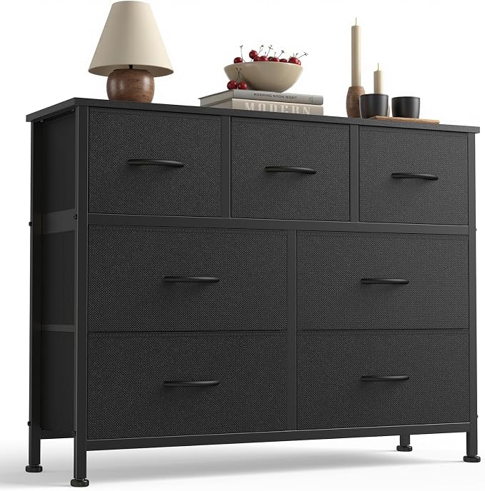 Sweetcrispy 7 Drawer Fabric Dresser for Bedroom Storage with Bins, Black | Anti-Tip Closet Organizer with Wooden Top and Sturdy Steel Frame, Spacious Drawers for Clothes Storage, Hallway Entryway