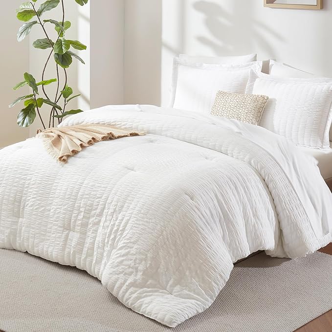 King Size Comforter Set, 7 Pieces White Seersucker Bed in a Bag | OEKO-TEX Certified, All Season Bedding Set with 240 GSM Down Alternative Comforter, Flat & Fitted Sheets, Pillowcases & Shams