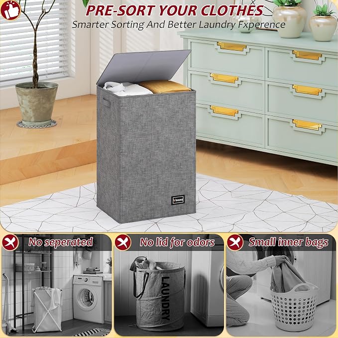 110L Laundry Hamper with Lid, Reinforced Sturdy Large Laundry Hamper with Handle and Lid, Collapsible Clothes Basket Organizer with Removable Liner Bag, Tall Dirty Clothes Bin for Dorm Bedroom