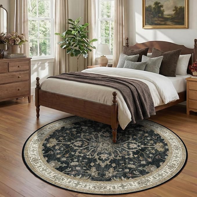 RELEANY Washable Area Rug, Round 7ft, Black/Vintage/Beige | Non-Slip, Water Repellent, Pet Friendly, Easy to Clean, Vintage Floral Boho Decor for Living Room Bedroom Dining Room