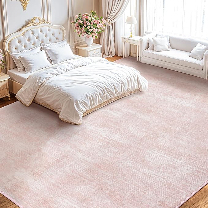 8x10 Washable Area Rug, Pink Solid Area Rugs for Living Room & Bedroom | Stain-resistant & Non-slip backing,Low Pile Washable Large Carpet, Solid Vintage Style For High Traffic Areas(8x10,Pink)
