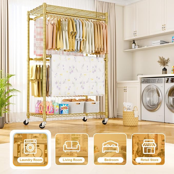 Rolling Clothes Rack, Clothing Racks for Hanging Clothes, Gold | P4 Plus Heavy Duty Garment Rack with Wheels, Free Standing Portable Closet Racks 45''W × 20.5''D × 80.5''H, Max Load 570 Lbs