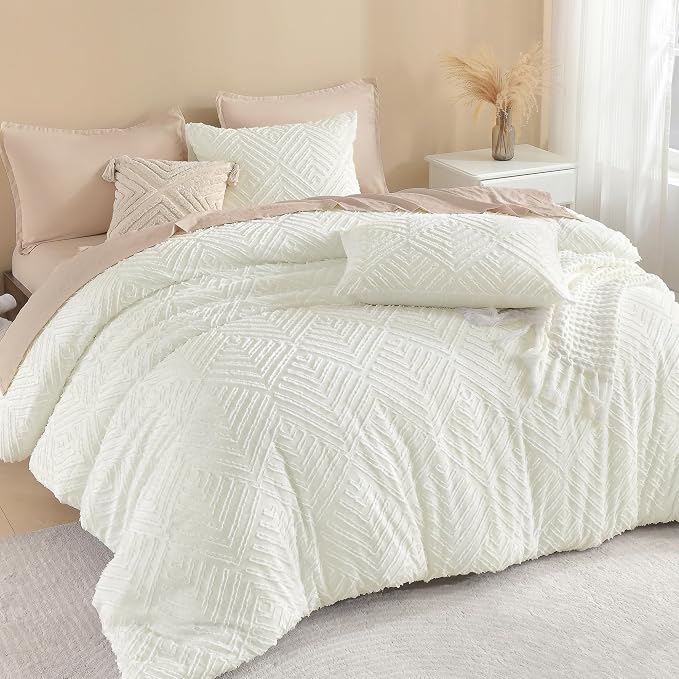 Litanika Super King Size Comforter Set, 3 Pcs Ivory Tufted Boho Bedding Set | Farmhouse Shabby Chic Vintage Bohemian Textured Aesthetic Soft Fluffy Lightweight Breathable All Season Bed Set