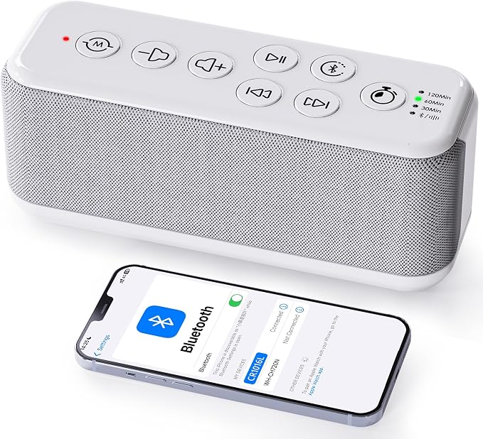 White Noise Machine, Bluetooth Speaker for Sleep, Sound Machine for Office | 15 Soothing Sounds, 3000mAh Battery with Type-C Charging, Auto-Off Timer, 8 Adjustable Volume Levels and Memory