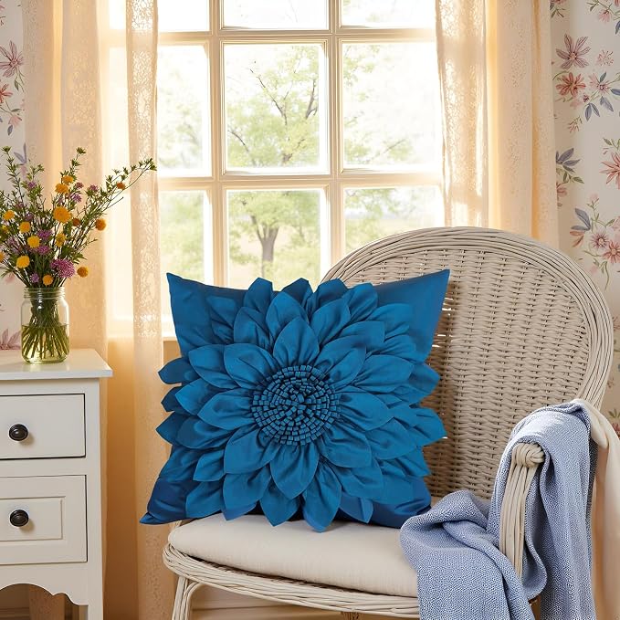 Navy Blue Accent Flower Decorative Throw Pillow Covers for Bed Sofa Couch | Bella's Giftshop Handmade Sunflower Taffeta Pillow Cases Living Room Bedroom Decor, 18x18 Inch