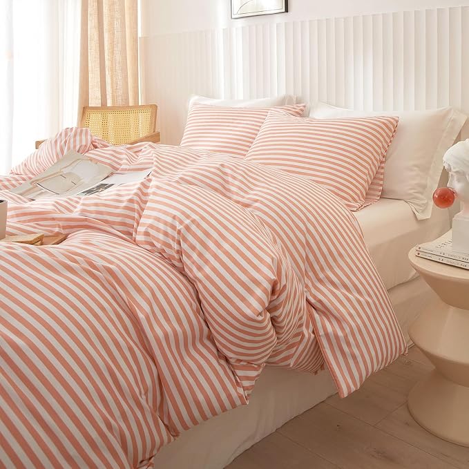 Full Comforter Set Pink White Stripes Pattern Comforter Full Modern Style Striped Comforter with 2 Pillowcases Lightweight 3 Pieces Boho Bedding Comforter Farmhouse Striped Fluffy Comforter Set