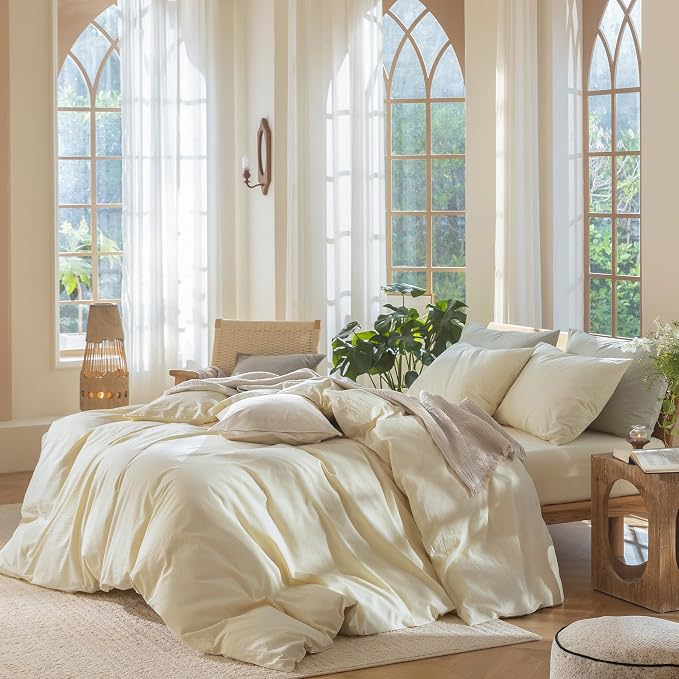 MooMee Duvet Cover Set 100% Washed Cotton Linen Like Oversized King | Relaxed Linen-like Texture. Soft, Breathable & Long-lasting Comfort. Lightweight. Hidden Zipper with 8 Interior Corner Ties
