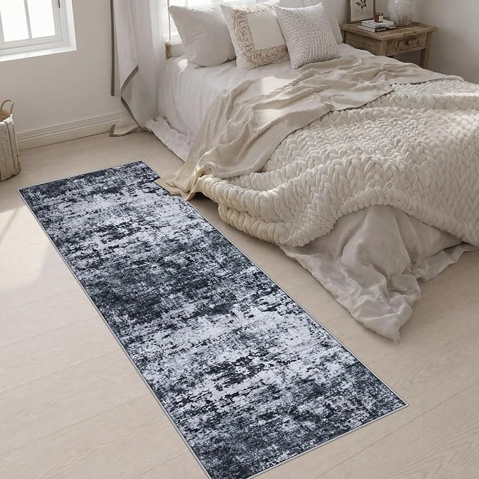 2.6x8 Washable Runner Rug：Modern Abstract Kitchen Carpet Black | For Hallway, Bedroom, Kitchen, Laundry, Bathroom,Door Mat,Modern Abstract,Machine washable,Non-Slip,Stain Resistant,Indoor