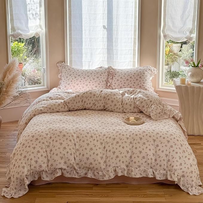 Chic Shabby Tuberose Floral Duvet Cover Queen, Double-Layer Cotton Muslin Comforter Cover Kids Teens Bedding Ruffles Quilt Covers for All Seasons, 90"x90", Zipper Closure, No Pillow
