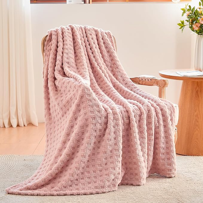 NEWCOSPLAY 3D Waffle Checkered Flannel Twin Blanket, Pink, 60"x80" | Super Soft Cute Lightweight Decorative Premium Silky Fleece Blanket for Couch Sofa Bed, Gift for Women Men, All Season Use