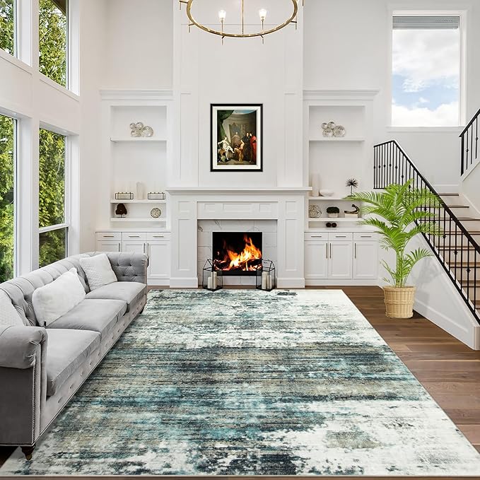 8x10 Area Rugs for Living Room: Washable Abstract Teal Green Badroom Carpet | Non-slip TPE backing makes this washable soft low-pile rug safe & durable, Pet-friendly decor for dining room,nursery,office