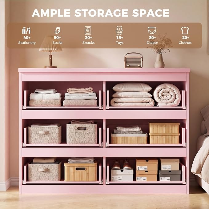 6 Drawer Double Dresser for Bedroom, Modern Simply Chest of Drawers, Wood Storage Dresser with Anti-Tipping for Living Room Hallway Entryway, Nursy Pink (15.3" D x 47.2" W x 32.3" H)