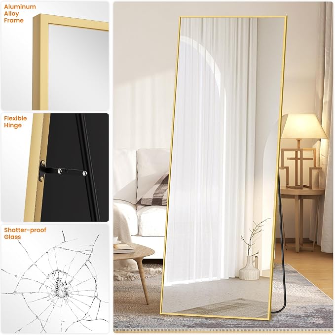 Full Length Floor Mirror 70"x24", Large Standing Body Mirror, Gold | Built-in Stand, HD Shatterproof Glass, Aluminum Alloy Frame, Wall Mounted or Standing, for Bedroom, Living Room and Bathroom