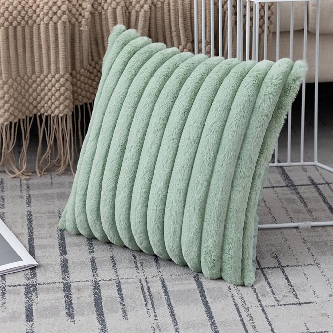 ZLINA Light Green Striped Faux Fur Throw Pillow Covers 26 x26 Inch | 2‑Pack, boho striped pillow covers,velvet back,fuzzy plush cushion covers , for sofa bed livingroom home decor