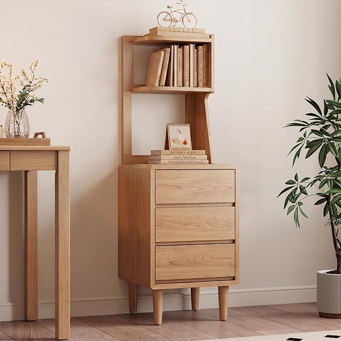 Solid Wood Bookshelf Nightstand Combo, Tall Nightstand with Bookshelf | Oak Nightstand Bookshelf,Narrow Nightstand with Drawers,Open Shelf Bookcase,for Bedroom,Living Room,Offices