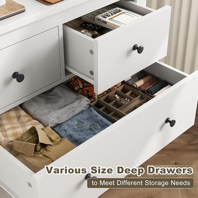 EnHomee White Dresser for Bedroom with 10 Drawer, Multi-Layer Organization | Modern Wood Chest, 52"W TV Stand Versatile for Living Room Entryway Closet, Metal Frame and Handles, Smooth Glides, Anti-Tip