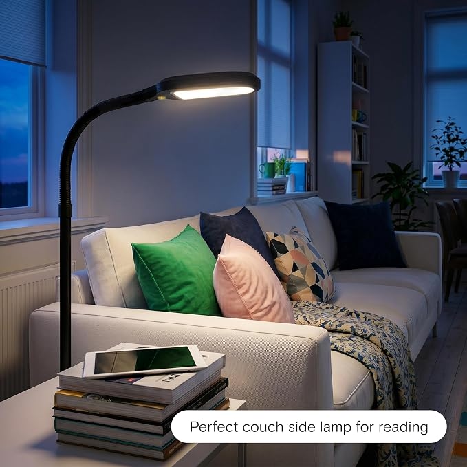 Brightech Litespan - Bright LED Floor Reading Lamp for Over Chair Crafts and Reading, Esthetician Light for Lash Extensions, Gooseneck Adjustable Standing Lamp for Living Room, Bedroom, Office - Black