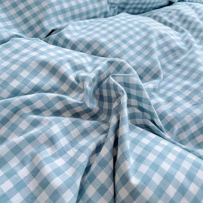 LifeTB Twin XL Comforter Set Blue Gingham Comforter with 2 Pillowcases Ruffle Plaid Grid Pattern Comforter Set for Men Boys Fluffy Soft Lightweight Bedding Boho Plaid Checkered Comforter Twin XL