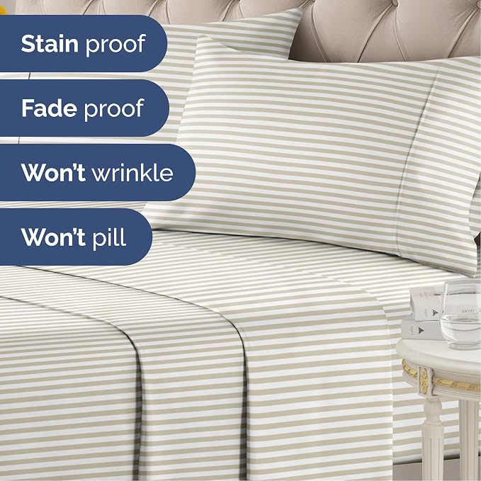 Twin 3 Piece Striped Sheet Set - Breathable & Cooling - Grey Pinstripes | 1 Flat, 1 Fitted & 1 Pillowcase w/ Deep Pockets, Luxury Striped Bedding, Soft, Breathable & Cooling, Wrinkle & Fade Free