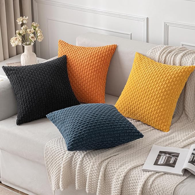 MIULEE Decorative Throw Pillow Covers 16x16 Black Textured Corduroy | Pack of 2 Striped Pillow Covers Modern Farmhouse Home Decor for Couch Bed Sofa Living Room